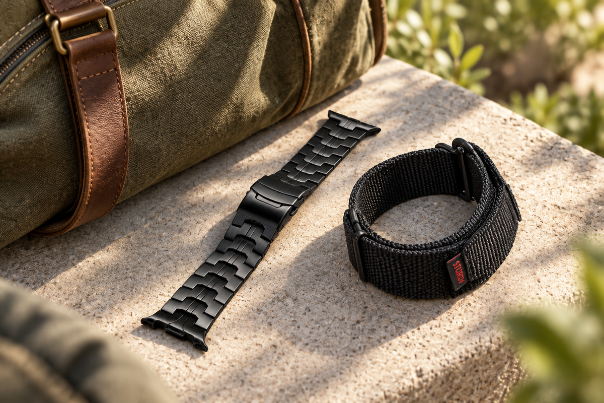 Galaxy Work + Weekend Duo — TitanForge Titanium + ActiveTrail Nylon Bands — A softer feel for the next plan.; lifestyle illustration, props not included