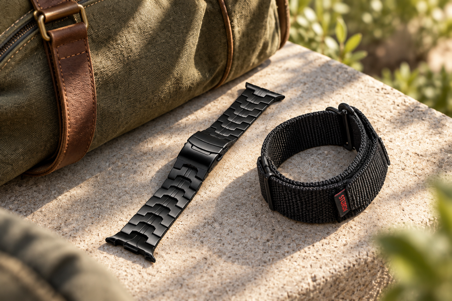 Galaxy Work + Weekend Duo — TitanForge Titanium + ActiveTrail Nylon Bands — A softer feel for the next plan.; lifestyle illustration, props not included