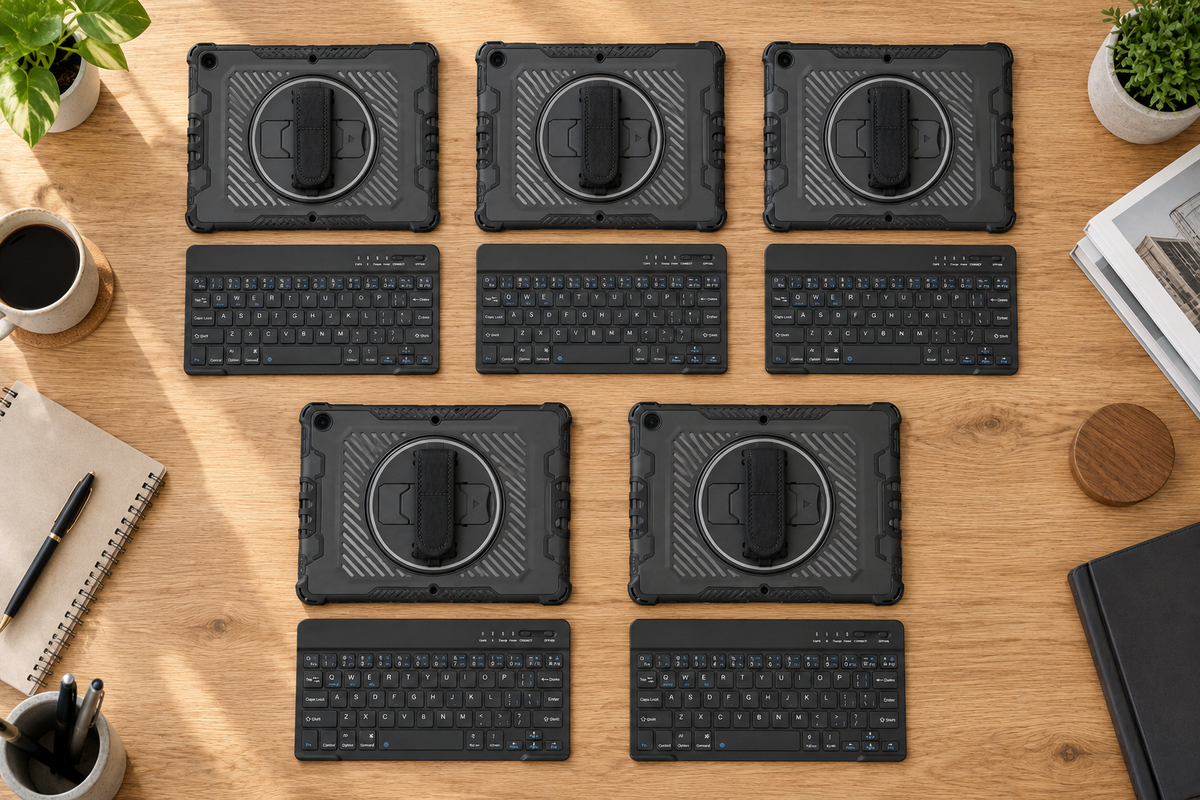 Five Midnight Black Galaxy PivotGrip cases with five keyboards; representative models, devices excluded