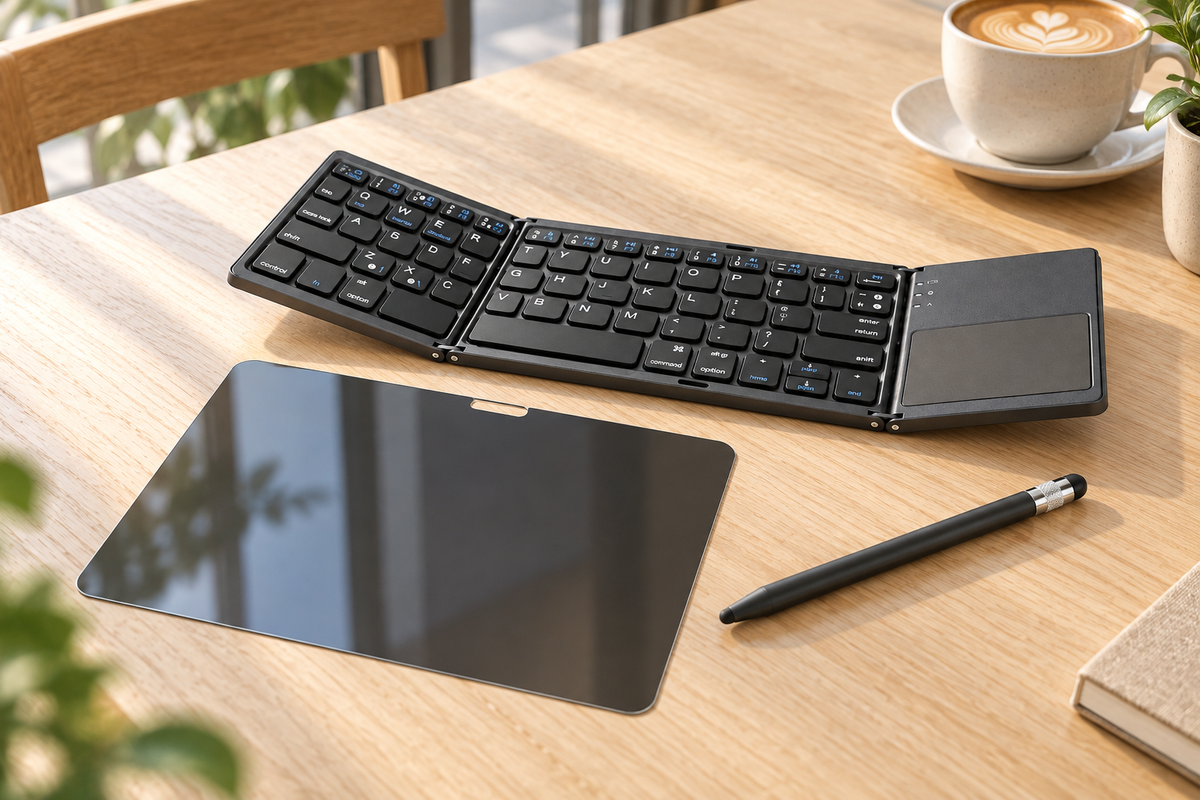 Privacy glass, Black Fold touchpad keyboard and Black passive stylus on cafe desk; styling props excluded