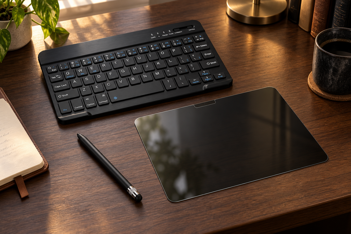 Privacy glass, Black RhinoKeys keyboard and Black passive stylus on walnut desk; styling props excluded