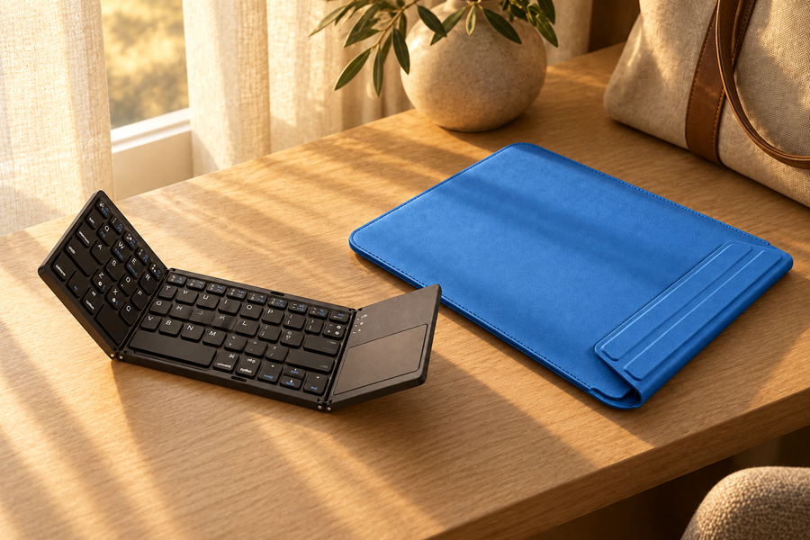 FormaLift Air Travel Office — iPad Sleeve + Compact Touchpad Keyboard — Keep the next session together.; lifestyle illustration, props not included