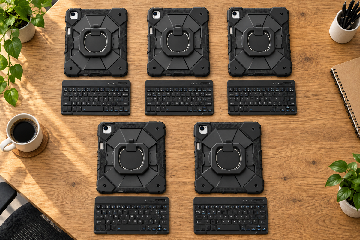 Five ArmorPro cases with five keyboards on a team desk; representative models, devices excluded