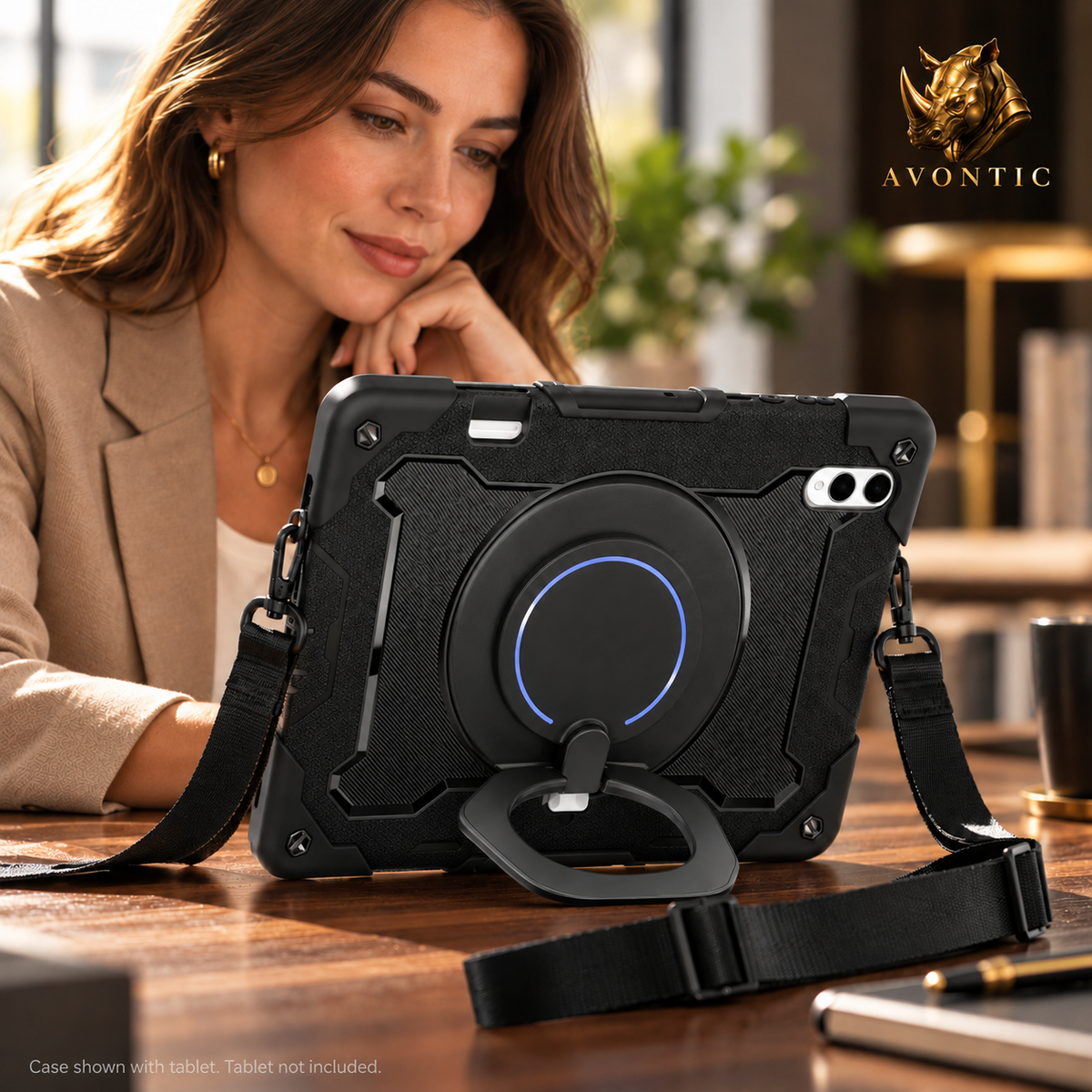 RhinoGuard Orbit 360 — tablet case in use 1 — Avontic gold rhino branding