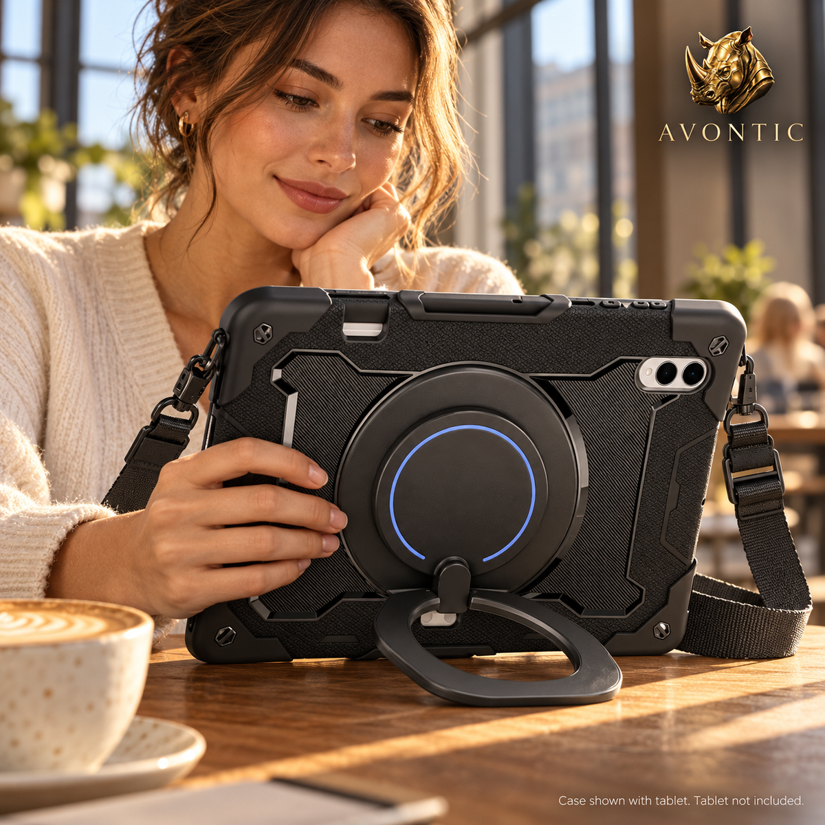 RhinoGuard Orbit 360 — tablet case in use 2 — Avontic gold rhino branding