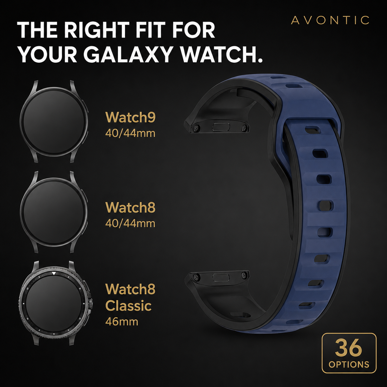 Avontic PulseFlex compatibility graphic for Galaxy Watch9, Watch8 and Watch8 Classic