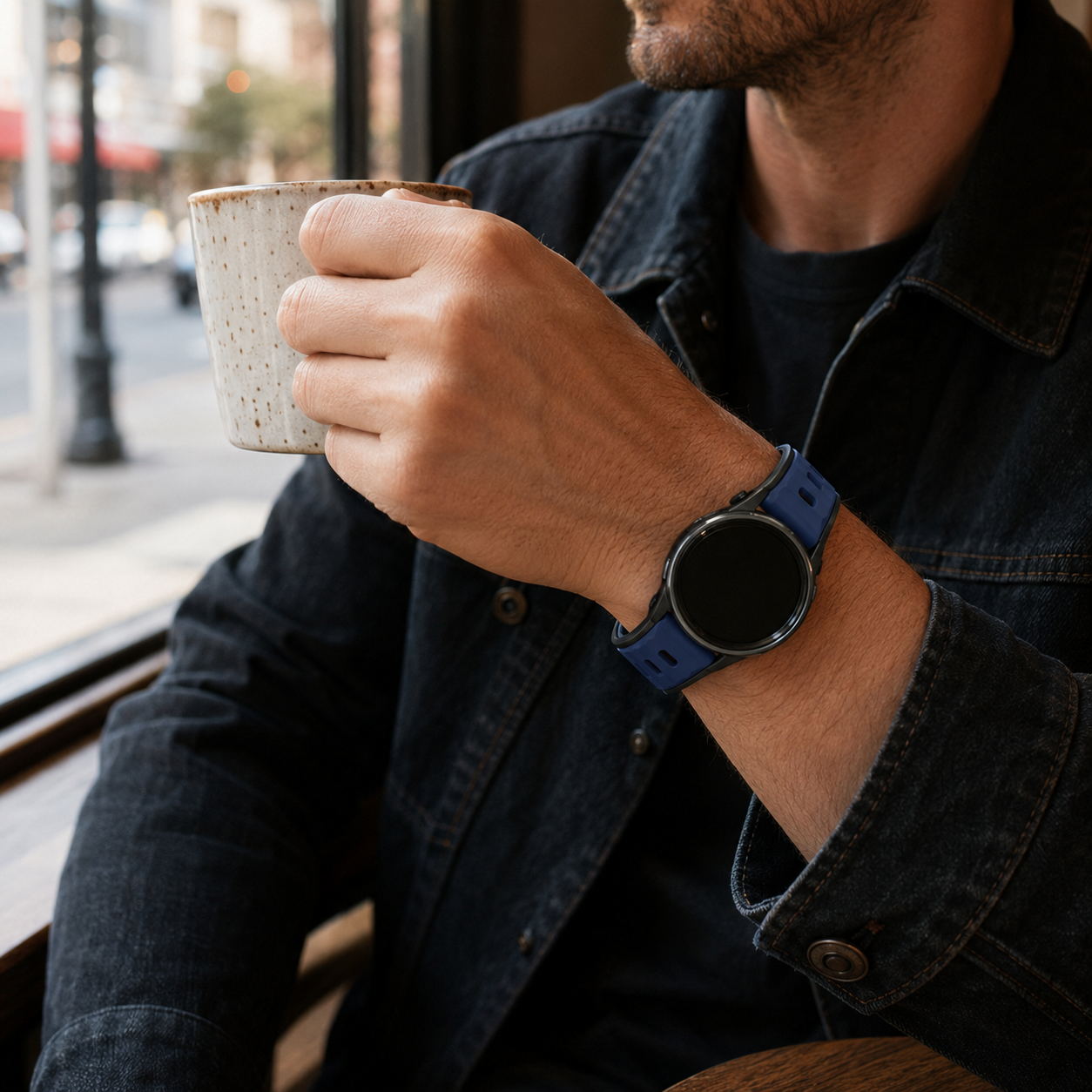 Avontic PulseFlex navy and black silicone band in a casual coffee shop setting