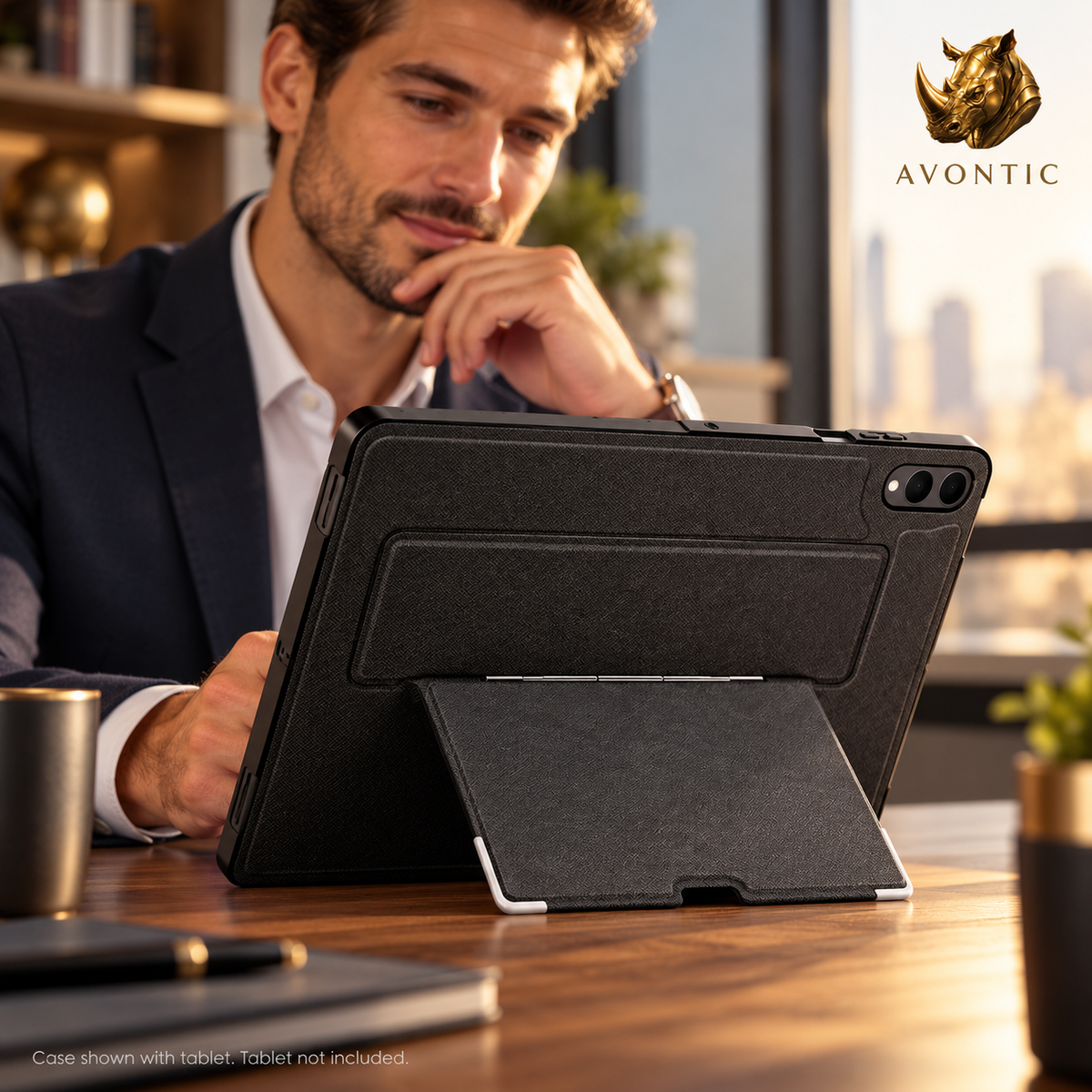 RhinoGuard Pivot Slim — tablet case in use 1 — Avontic gold rhino branding