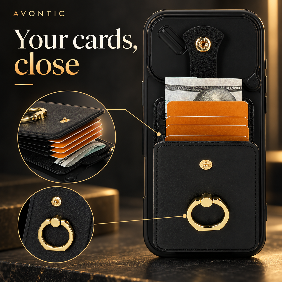 Avontic PocketVault LensSlide Wallet RingStand Case — Your cards, close