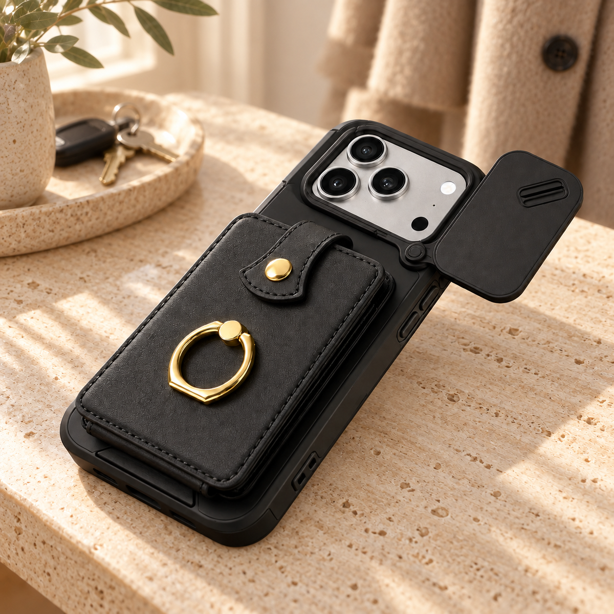 Avontic PocketVault LensSlide Wallet RingStand Case — cafe lifestyle view