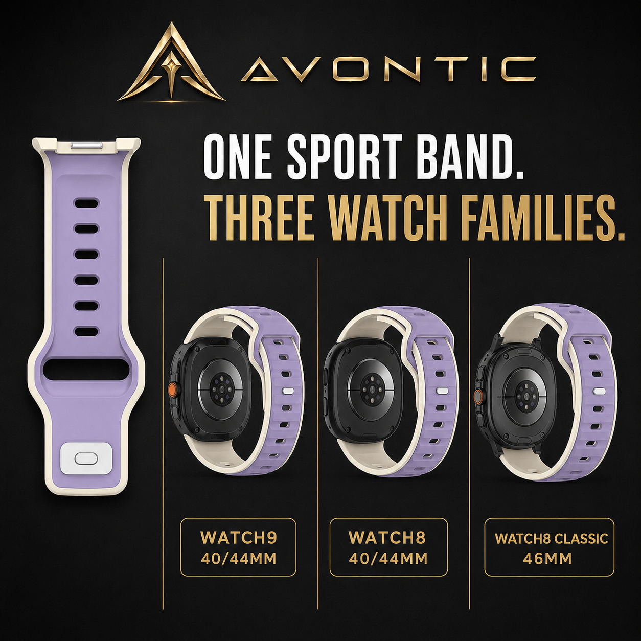 Avontic PulseFlex compatibility graphic for Watch9, Watch8 and Watch8 Classic