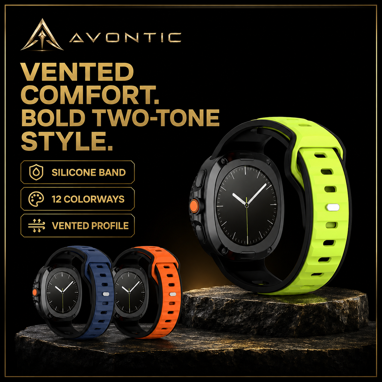 Avontic PulseFlex silicone sport band with Vented Two-Tone badge