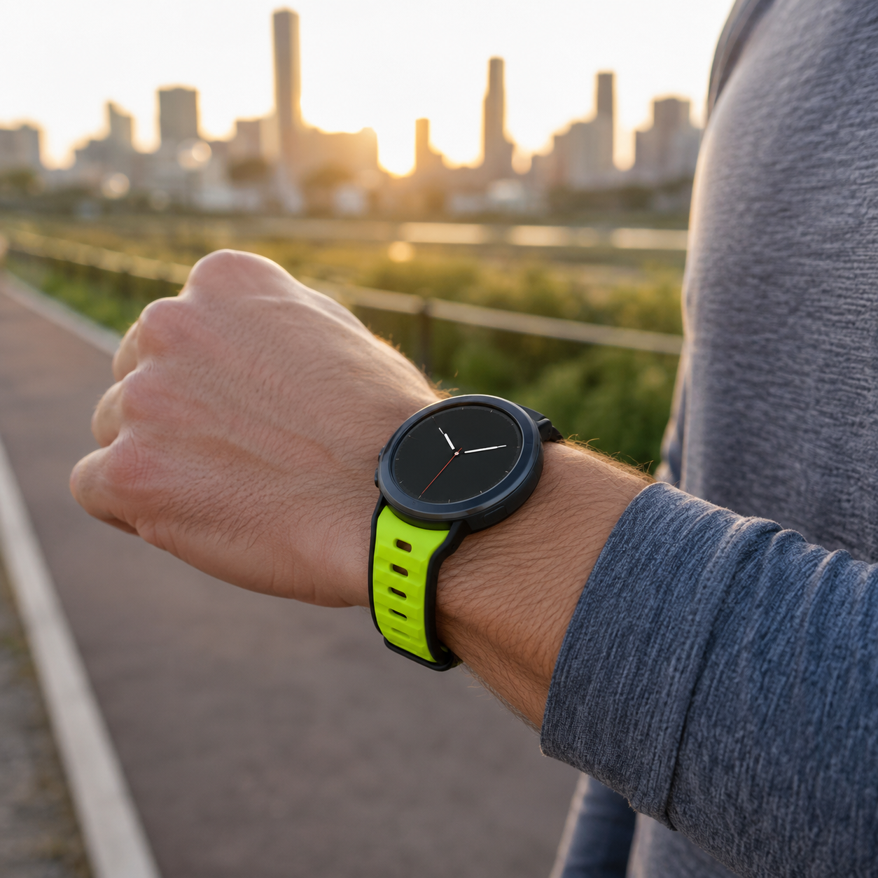 Black and lime Avontic PulseFlex silicone band during a run