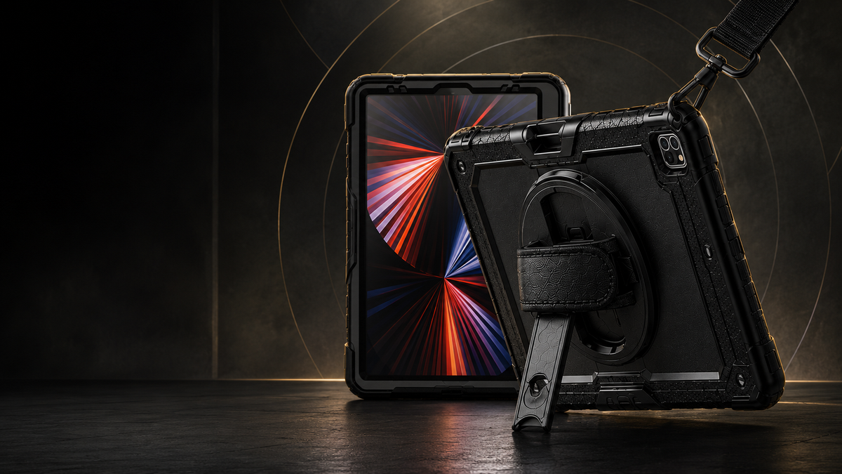 RhinoGuard Pro iPad case with rotating hand strap and shoulder strap