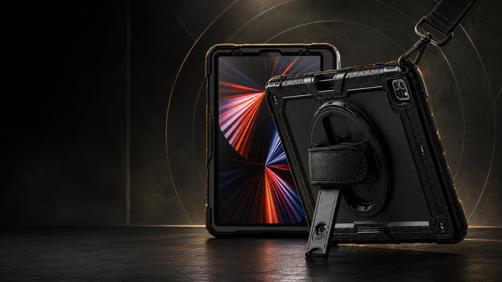 RhinoGuard Pro rugged iPad case with hand strap, kickstand, and shoulder strap