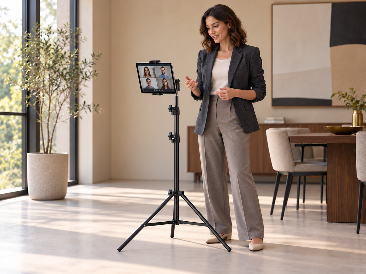 RhinoStand supporting a tablet for a standing video call in a meeting room