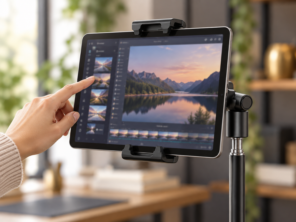 Close-up of the Black Pro RhinoStand upper and lower clamp jaws, side joint and tablet contact points