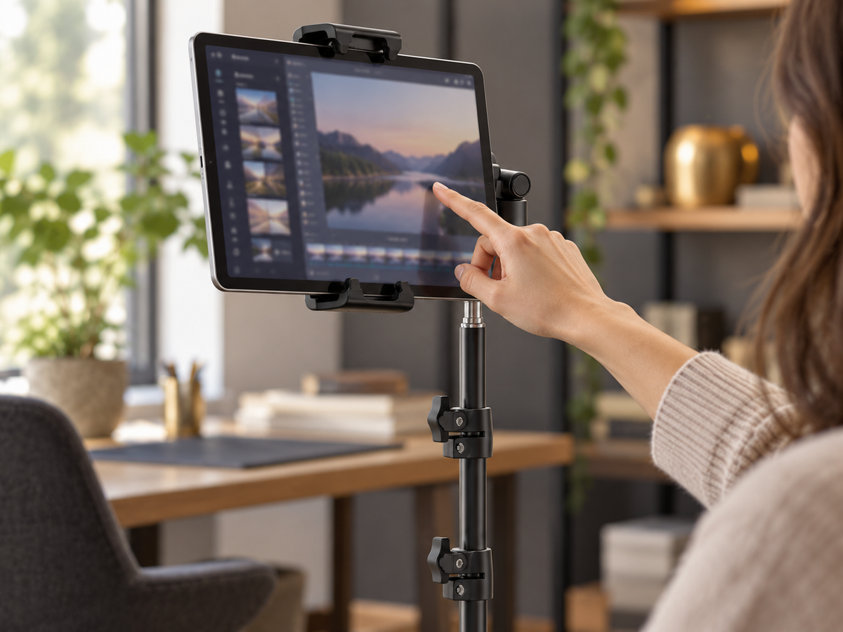 Close-up of the RhinoStand tablet holder with a hand touching the screen