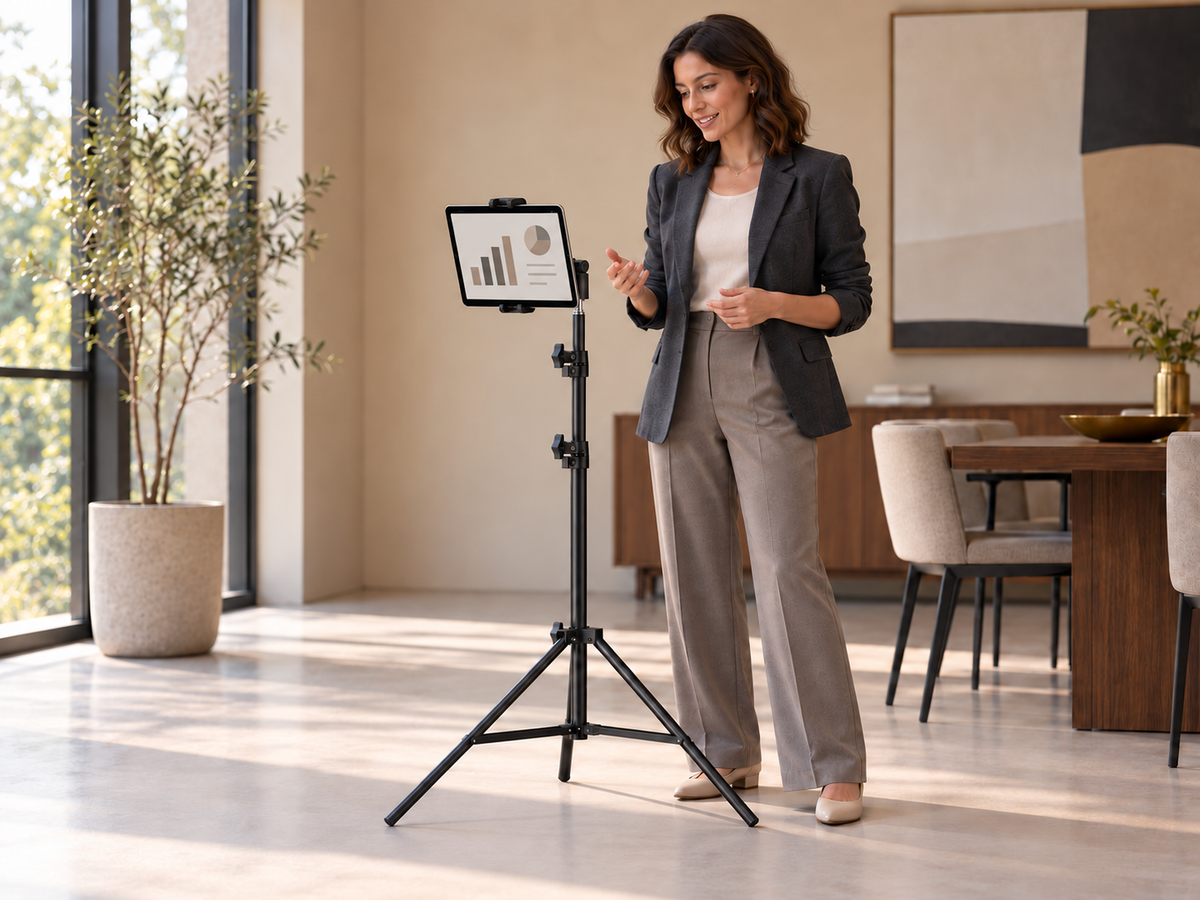 Black Pro RhinoStand holding a tablet with presentation graphics beside a consultant rehearsing