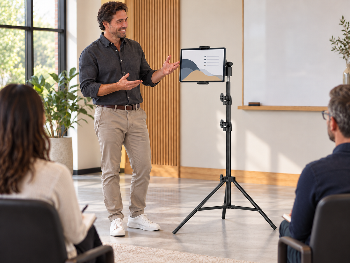 Black Pro RhinoStand with its full tripod base visible beside an instructor and adult workshop audience