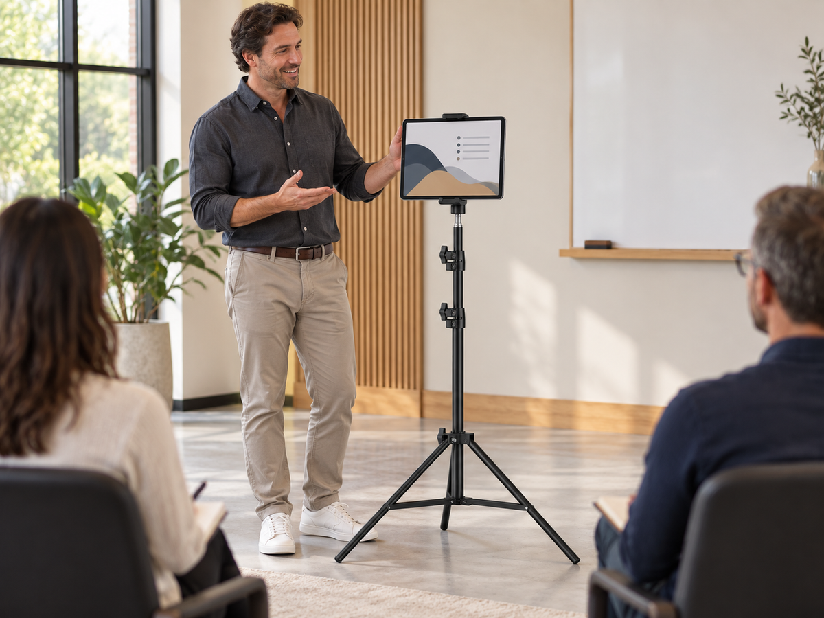 RhinoStand tablet tripod beside an instructor leading a small adult workshop