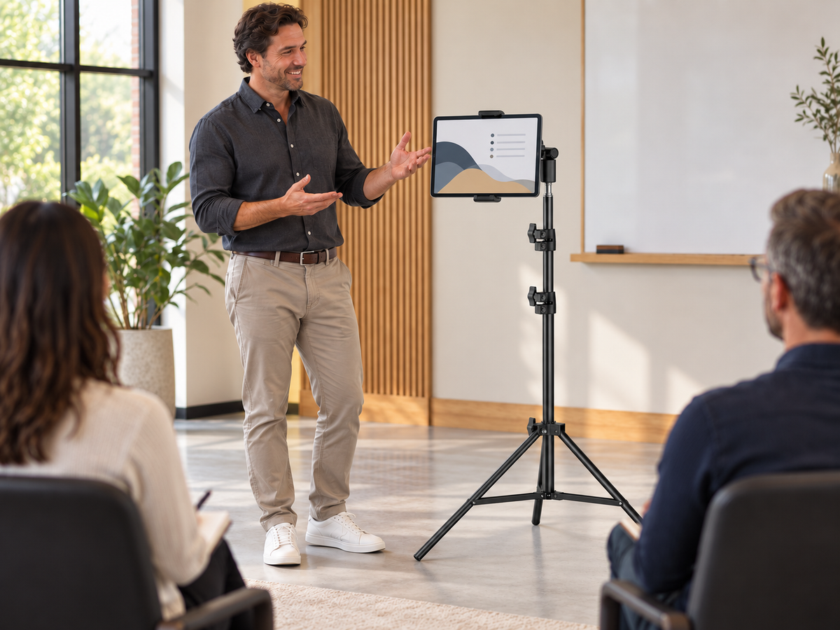 RhinoStand tablet stand used as a reference screen in a training room