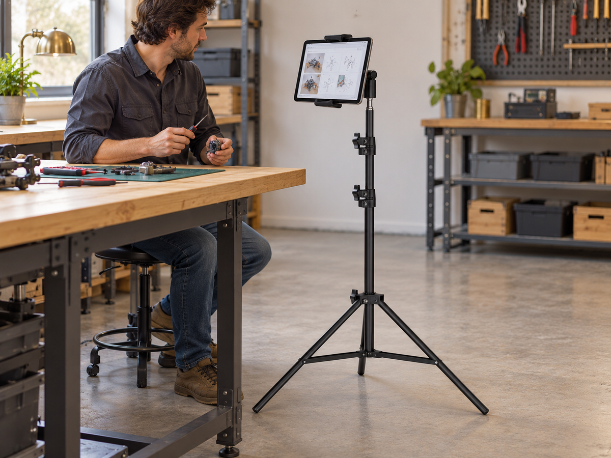 Black Pro RhinoStand holding a tablet with illustrated instructions beside a technician's workbench