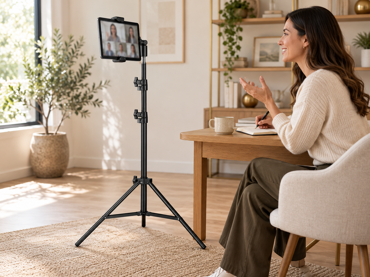 Black Pro RhinoStand holding a tablet beside a home office desk during a video call