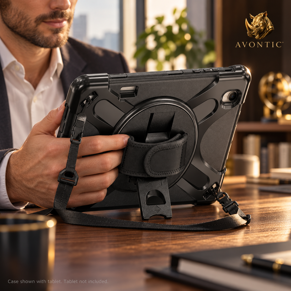 RhinoGuard Sentinel Pro — tablet case in use 1 — Avontic gold rhino branding