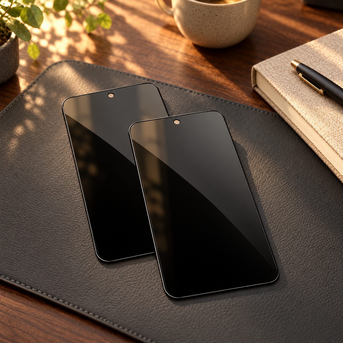 Two StealthGuard privacy glass protectors on a desk mat beside a notebook in warm natural light.