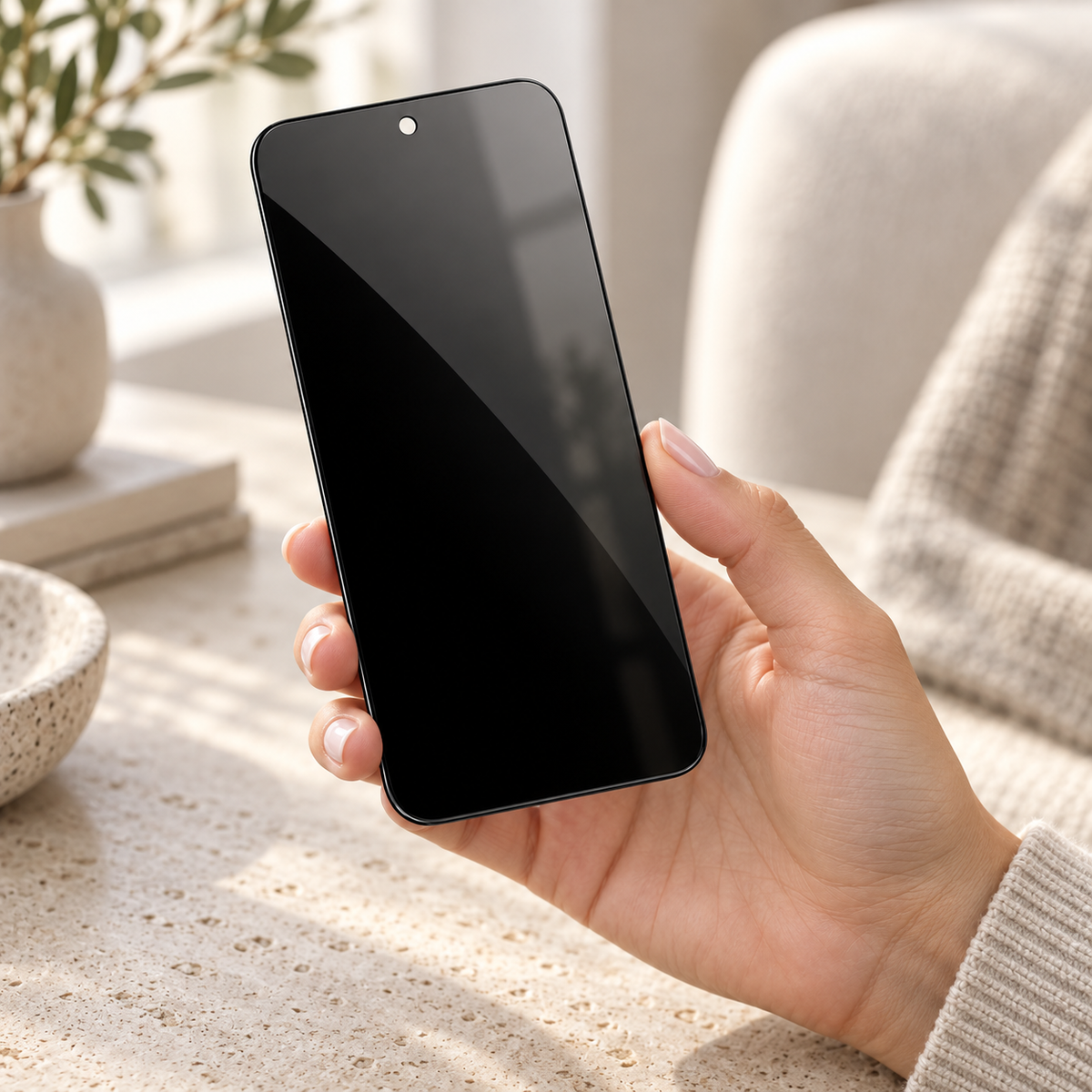 Hand holding a loose StealthGuard privacy glass protector by its edges in a bright interior.