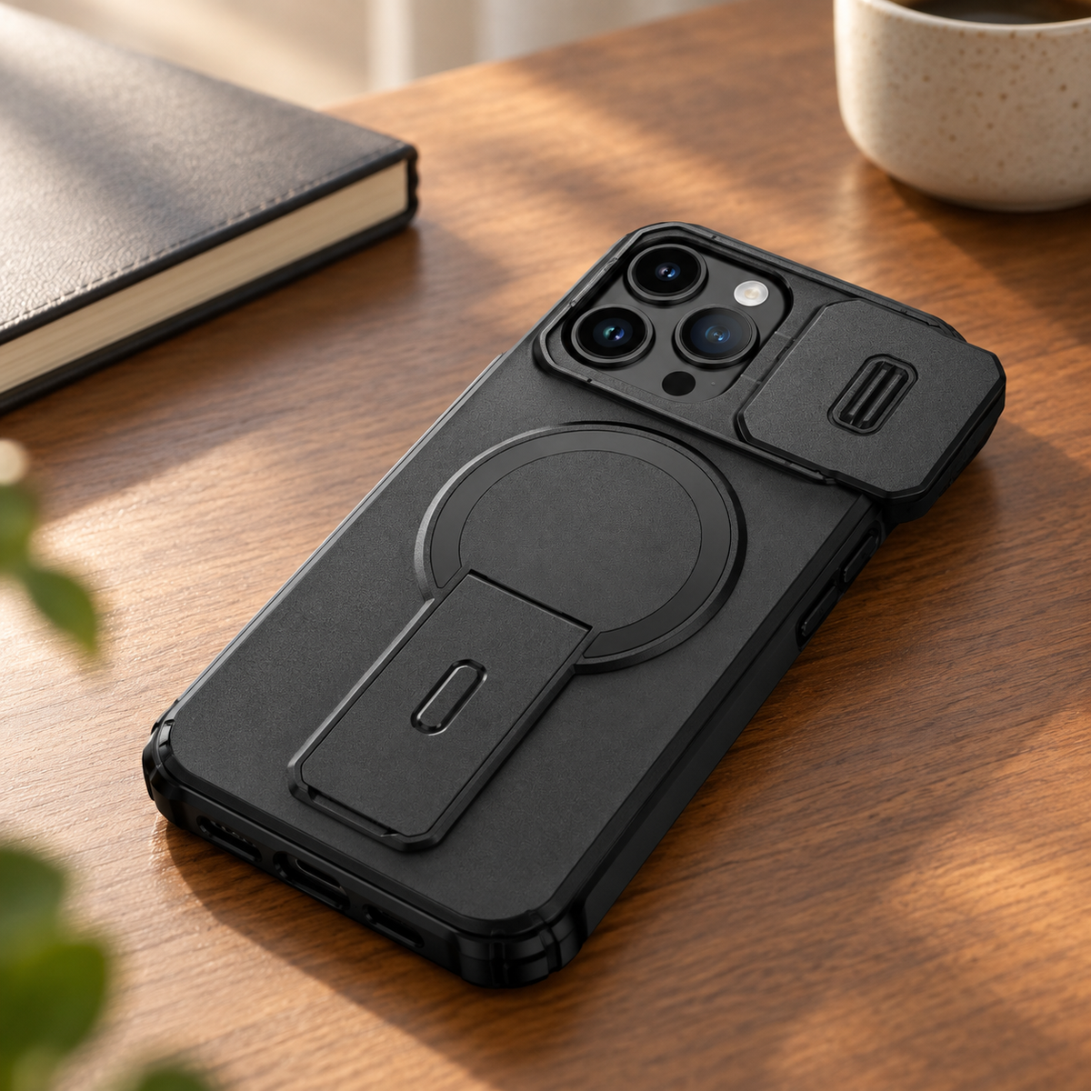 RhinoGuard StealthStand Magnetic Lens Cover Case — desk lifestyle view