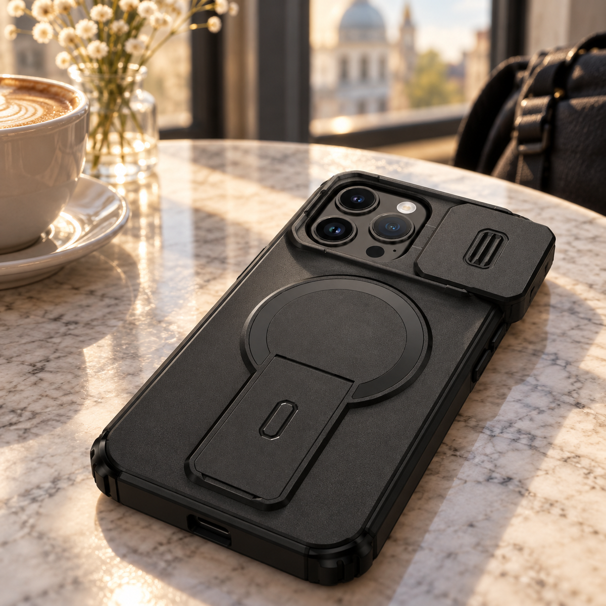 RhinoGuard StealthStand Magnetic Lens Cover Case — cafe lifestyle view