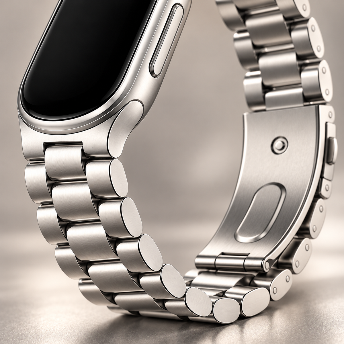 Avontic ArcSteel Stainless Steel Link Band, material and construction detail; tracker shown for fit, not included