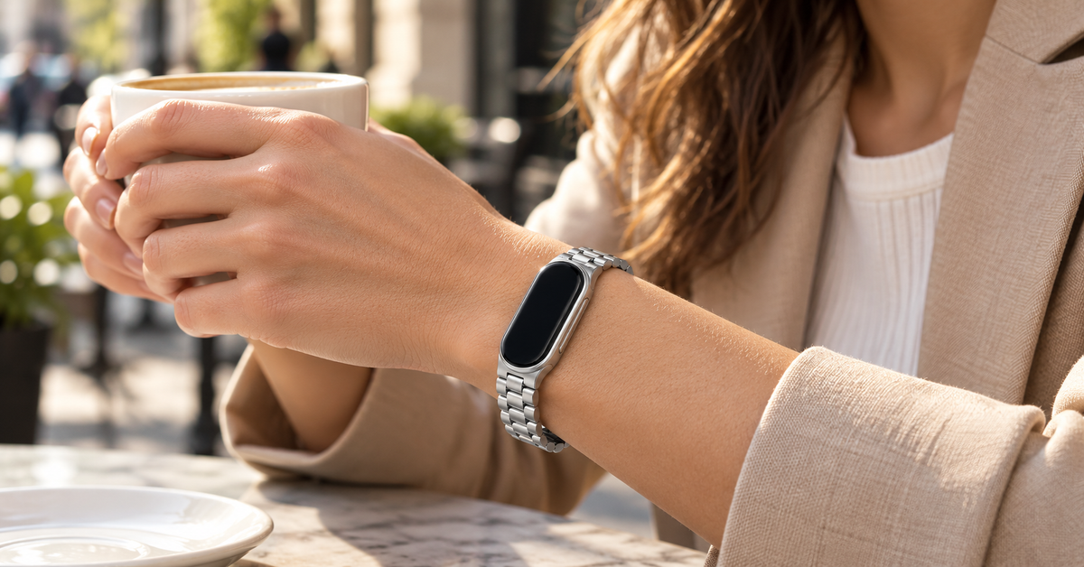 Avontic ArcSteel Stainless Steel Link Band, worn in an everyday setting; tracker shown for fit, not included