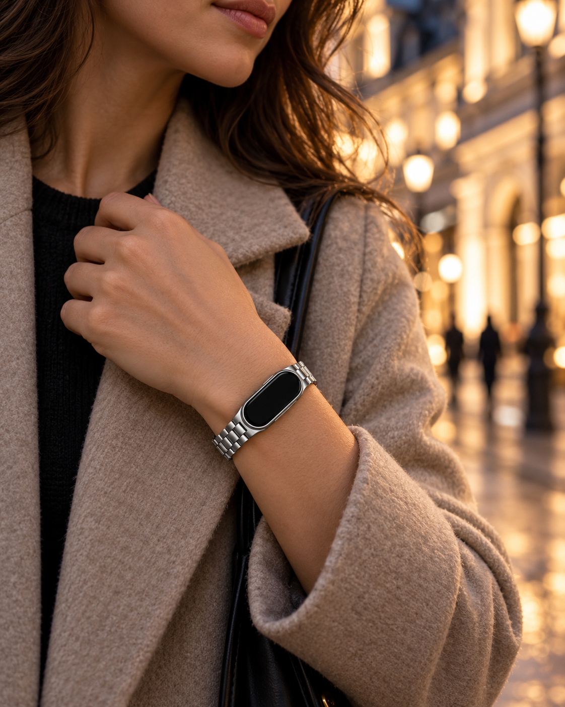 Avontic ArcSteel Stainless Steel Link Band, worn in an everyday setting; tracker shown for fit, not included