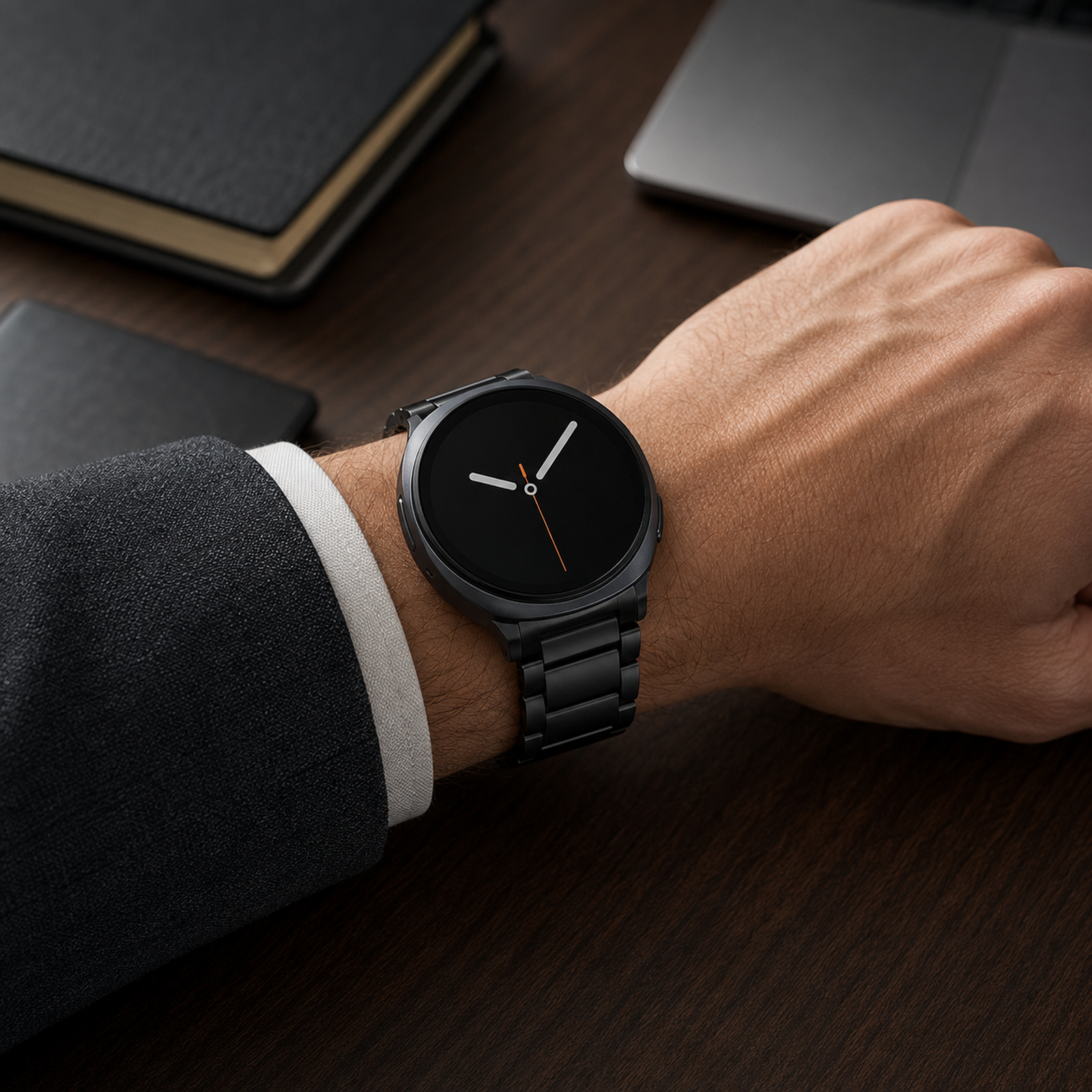 Avontic SteelArc stainless steel Galaxy Watch band at an executive workspace