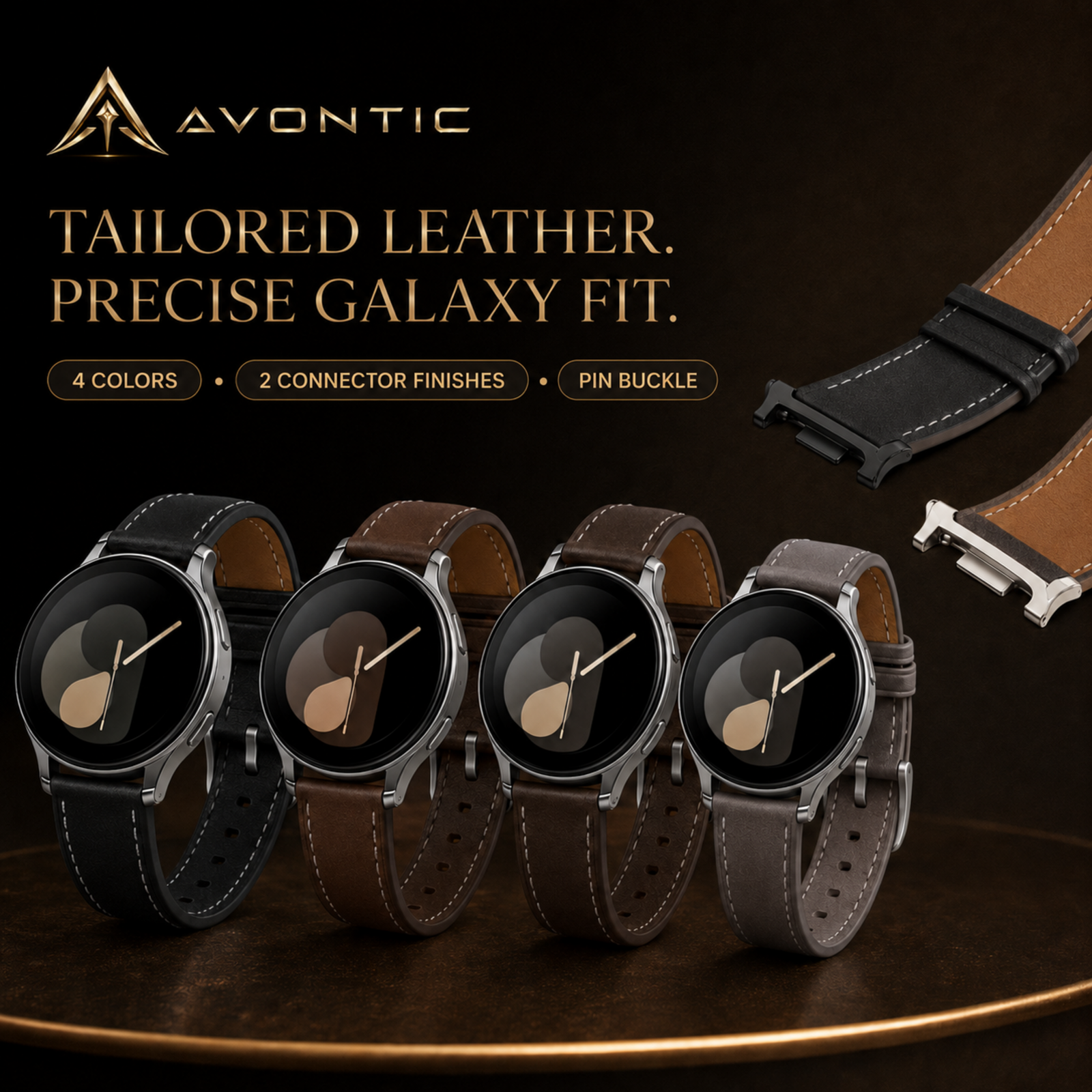 Avontic TailorLink leather watch bands with Tailored Leather Precise Galaxy Fit badge