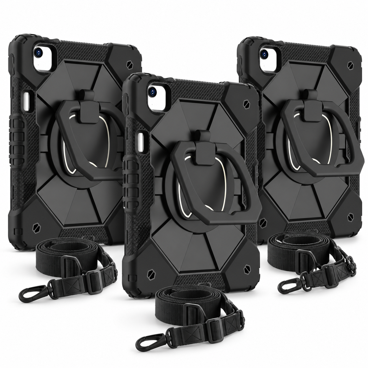 3 black RhinoGuard ArmorPro iPad cases with 3 carry straps and 3 glass screen protectors, on white