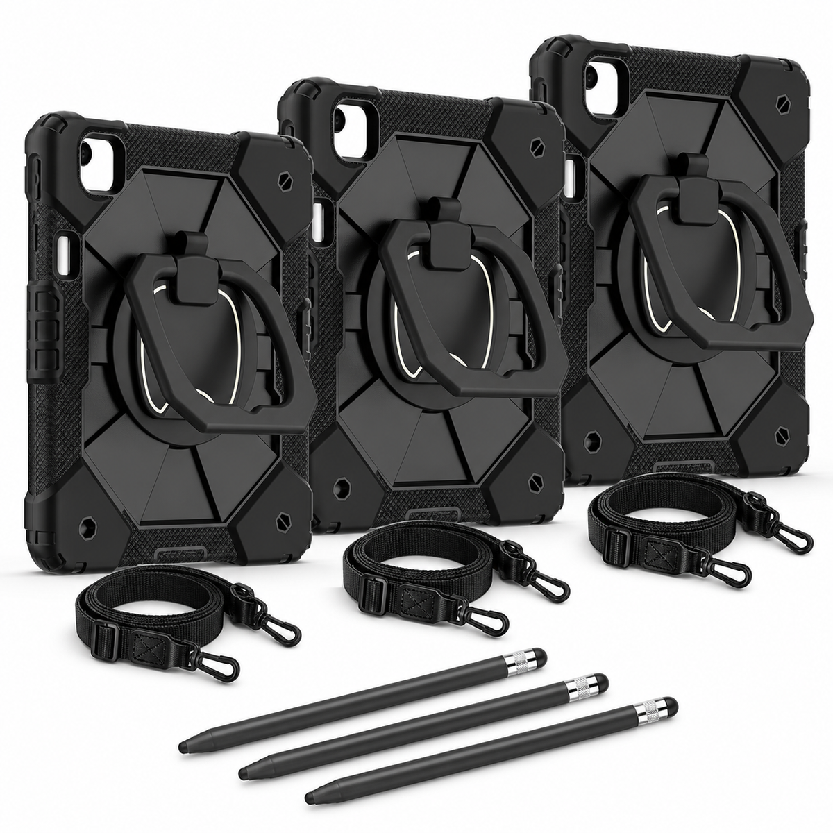 3 black RhinoGuard ArmorPro iPad cases with 3 carry straps and 3 glass screen protectors, plus 3 black ApexTouch styluses, on white