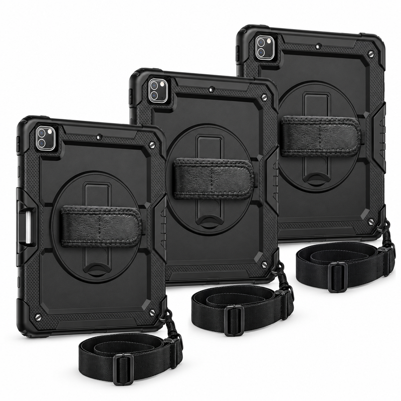 3 black RhinoGuard Pro iPad cases with 3 carry straps and 3 glass screen protectors, on white