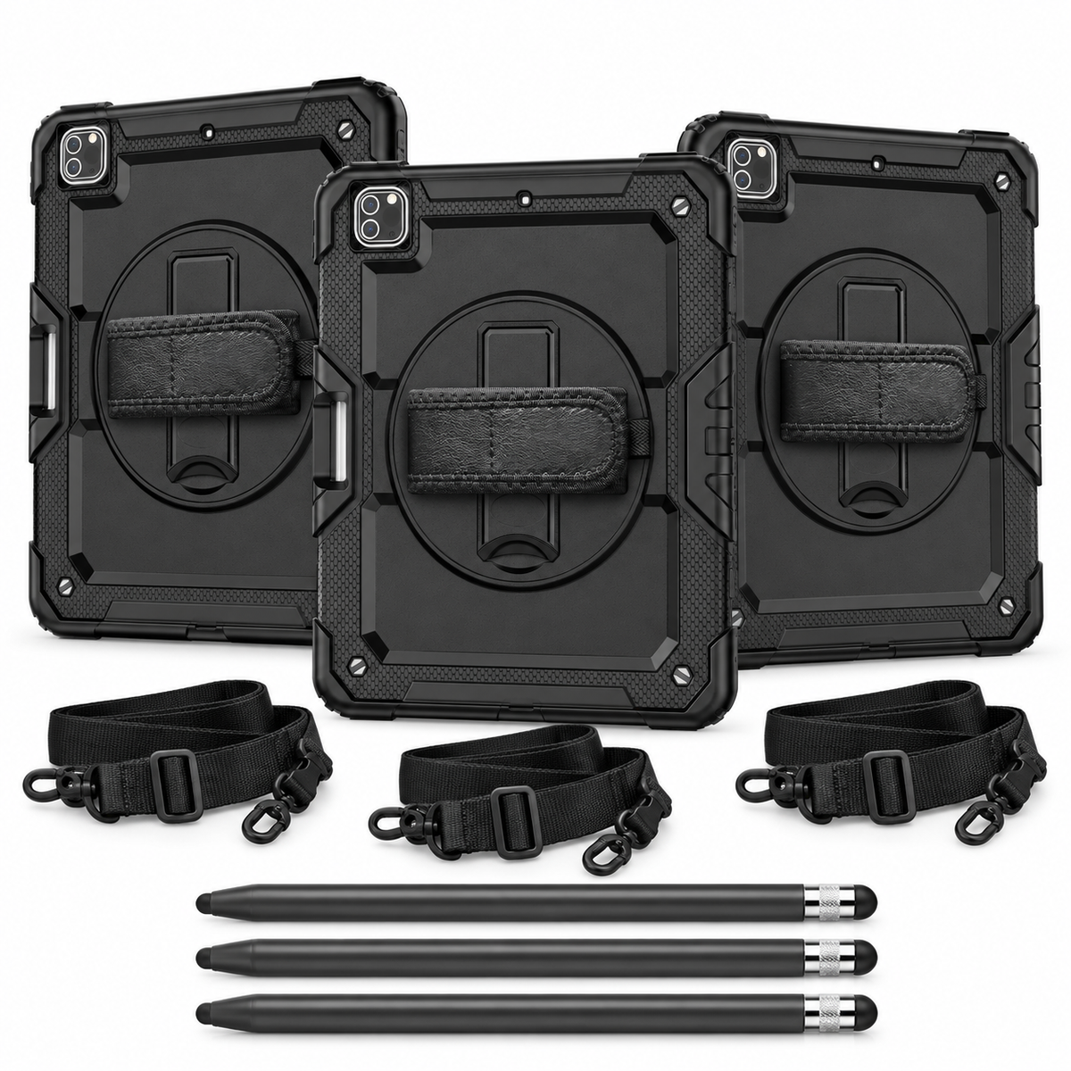 3 black RhinoGuard Pro iPad cases with 3 carry straps and 3 glass screen protectors, plus 3 black ApexTouch styluses, on white