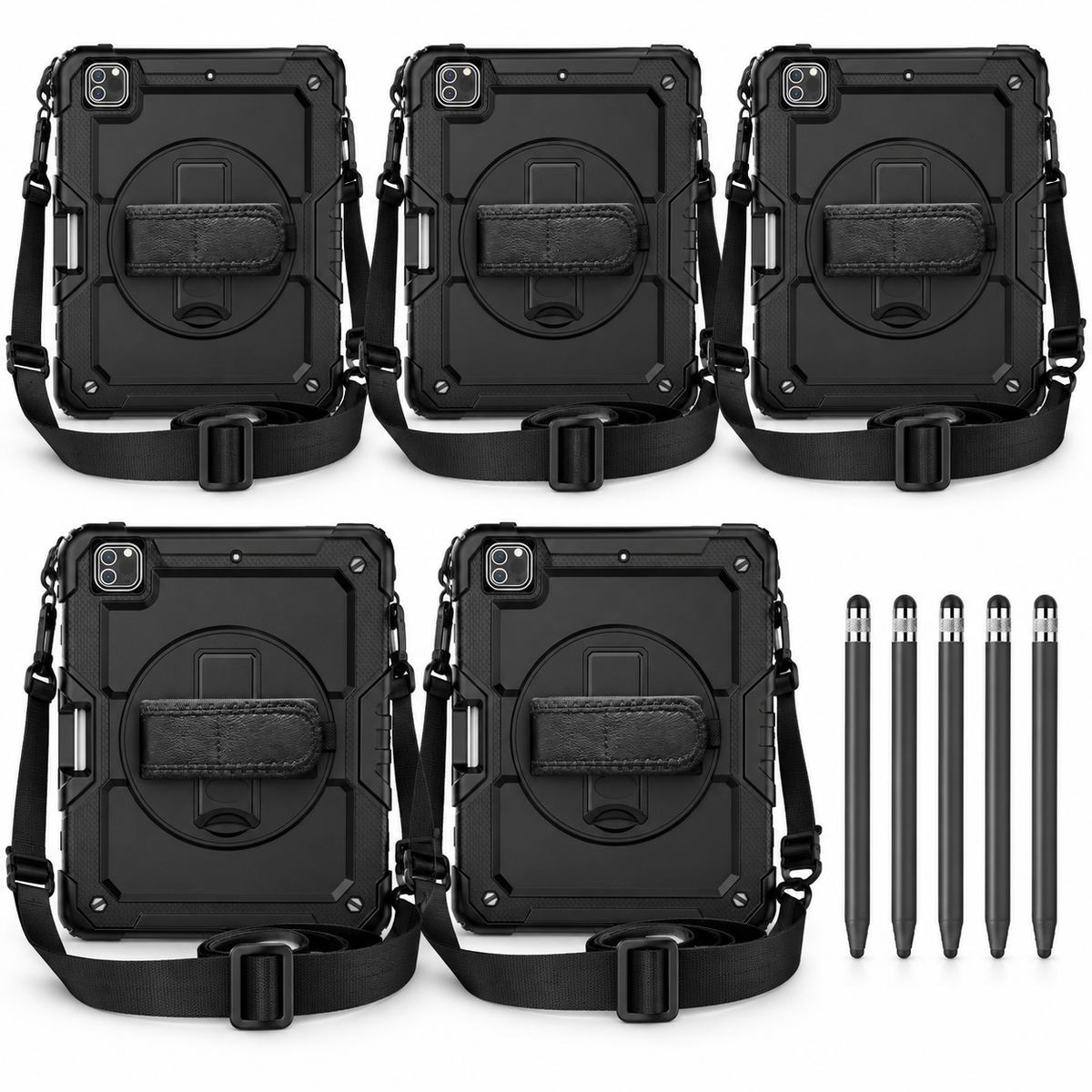 5 black RhinoGuard Pro iPad cases with 5 carry straps and 5 glass screen protectors, plus 5 black ApexTouch styluses, on white