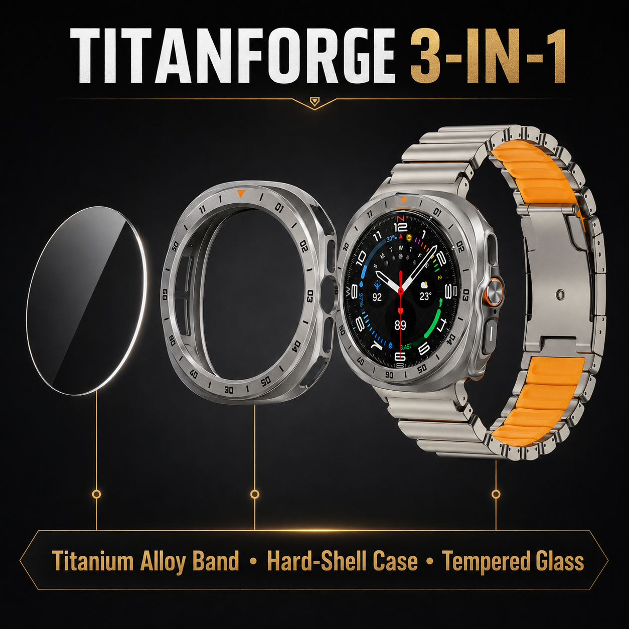 Avontic TitanForge three-piece Galaxy Watch Ultra2 set with titanium-alloy band, hard case and tempered glass