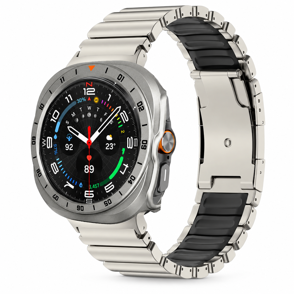 Avontic TitanForge titanium and black link band with titanium-orange hard case for Samsung Galaxy Watch Ultra2 47mm