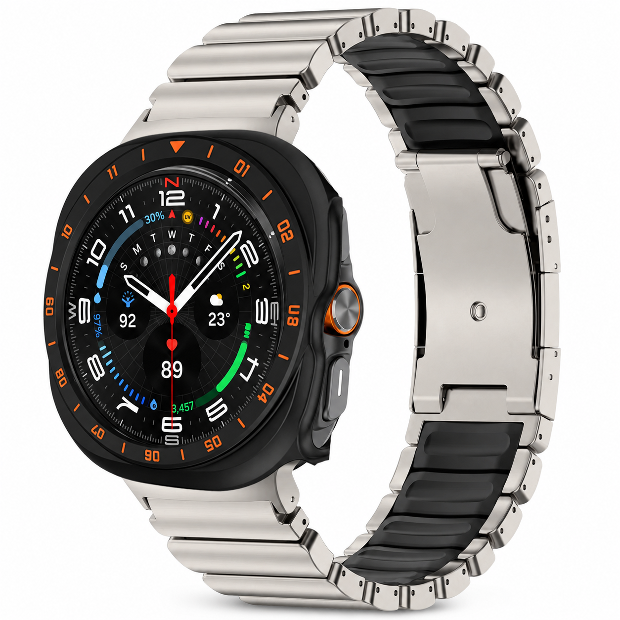 Avontic TitanForge titanium and black link band with black-orange hard case for Samsung Galaxy Watch Ultra2 47mm