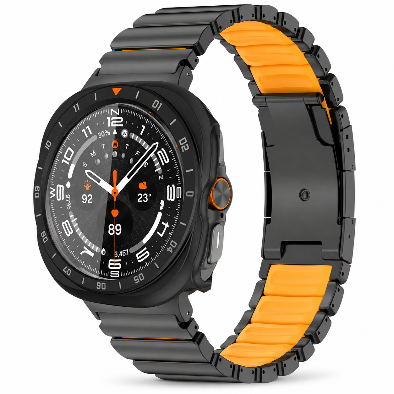 Avontic TitanForge black and orange link band with stealth black hard case for Samsung Galaxy Watch Ultra2 47mm