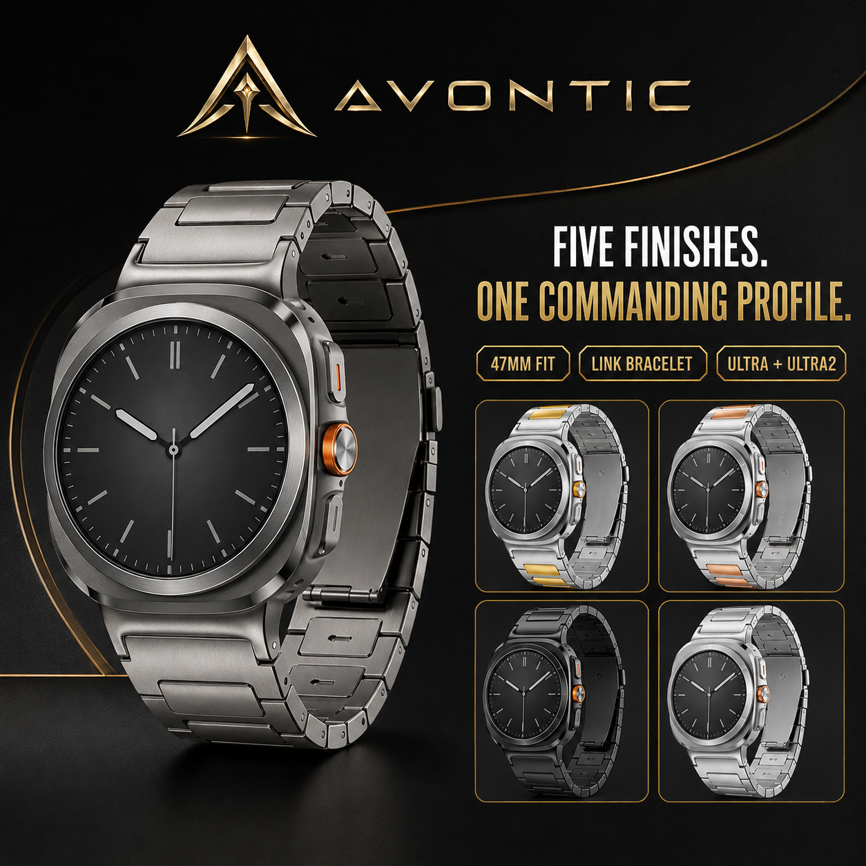 Five Avontic TitanLink stainless-steel band finishes for Galaxy Watch Ultra