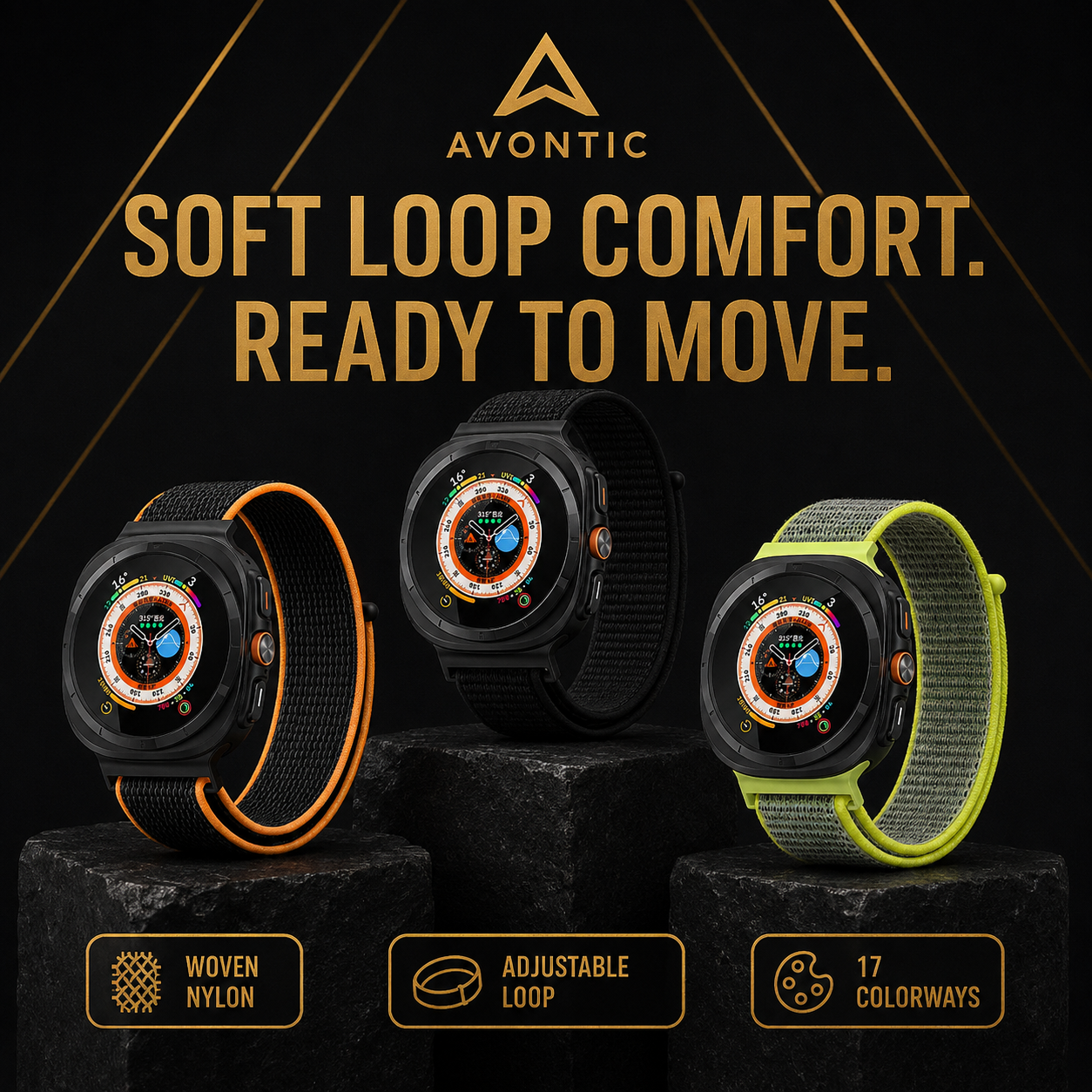 Avontic TrailLoop woven nylon Ultra band with Ready to Move badge
