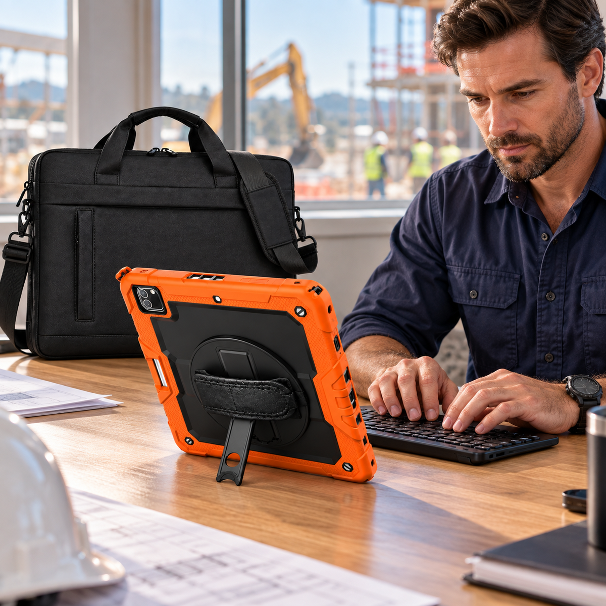 Orange and Black RhinoGuard Pro iPad case on its built-in kickstand with a black Bluetooth keyboard and black WorkForce Transit carry bag in use at a site office.